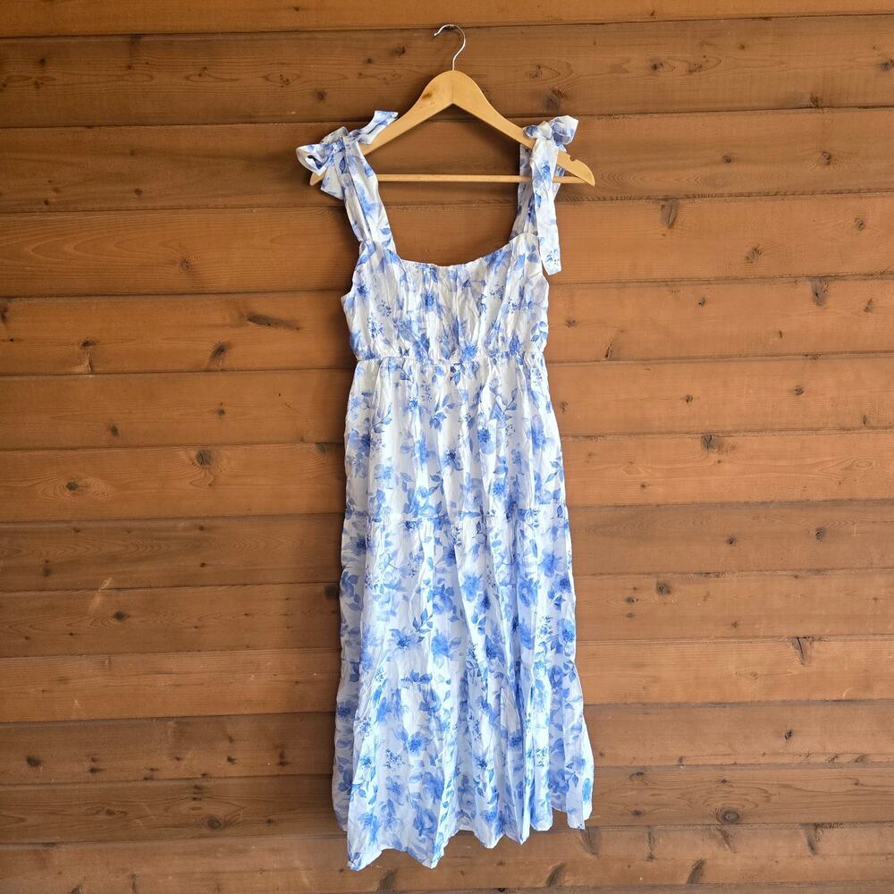 August Sky Shoulder Tie Floral Midi Dress NWT M Blue Multi Cottagecore Preppy - Picture 2 of 5